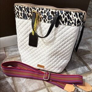 Consuela snow  White Quilted Tote with Black Leopard Accent and Multicolor Strap